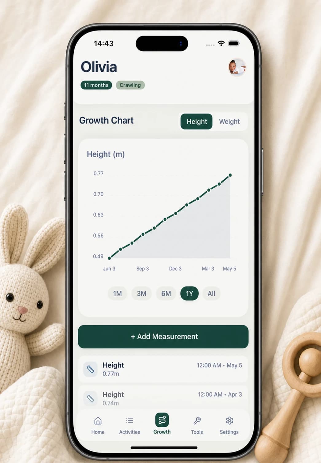 Buggy growth screen with a height chart and measurement history