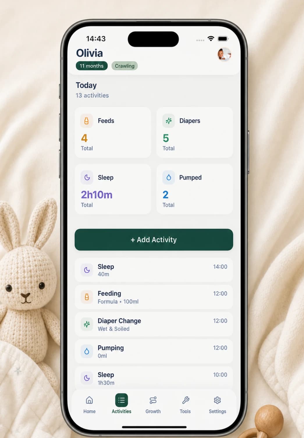 Buggy's daily journal showing feeds, diapers, sleep and pumping in one device-local timeline
