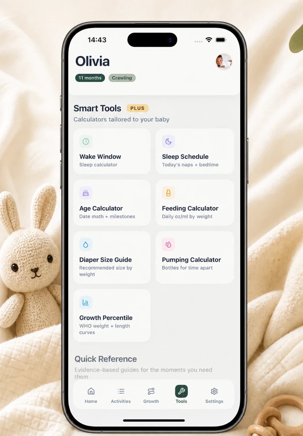 Buggy's tools screen showing wake-window and sleep-schedule planning aids